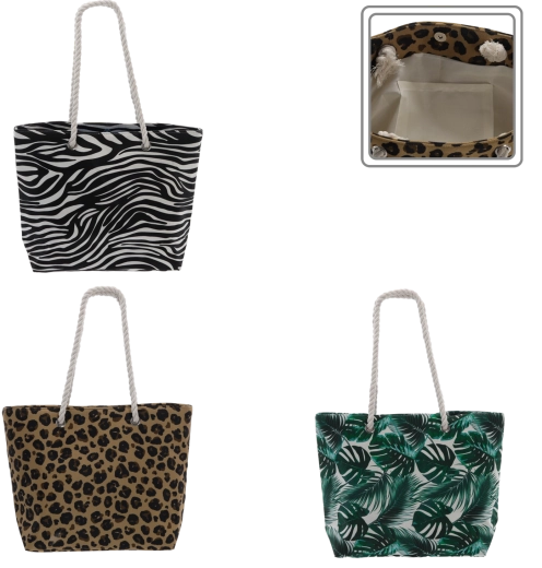 Bolsa de playa 46 × 33 cm con estampados naturales y asas de cuerda