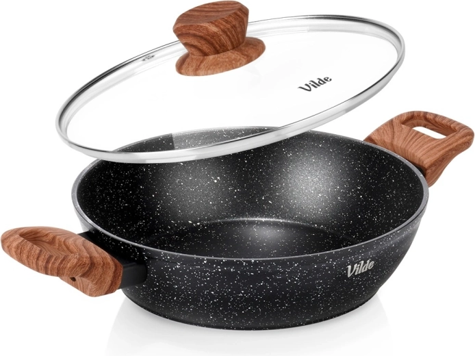 Sartén honda de granito con tapa de vidrio 24 cm, 2,2 l