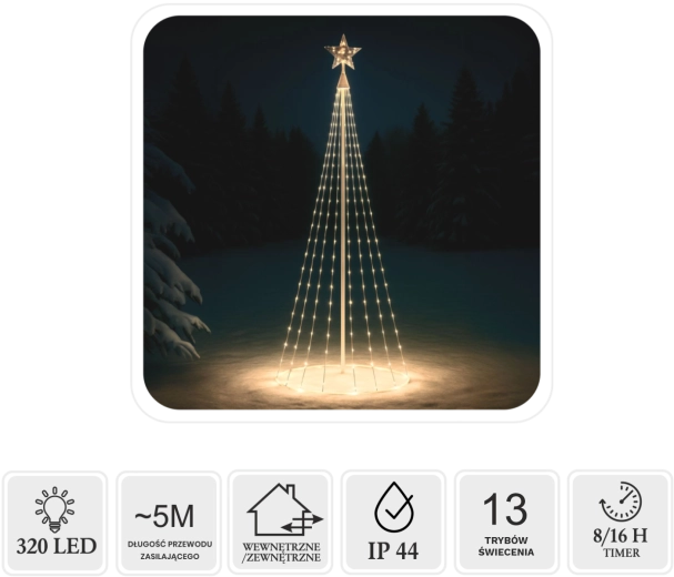 Árbol de Navidad cónico LED con estrella 1,8 m, 320 LED, blanco cálido, interior/exterior