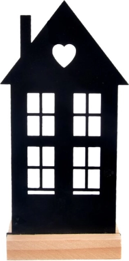 Portavelas de metal y madera con forma de casita negro