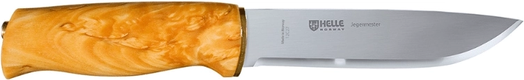 Cuchillo de caza Helle Jegermester de 13,5 cm con mango de abedul rizado y funda de cuero