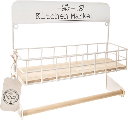 Soporte para rollo de papel de cocina de madera y metal blanco