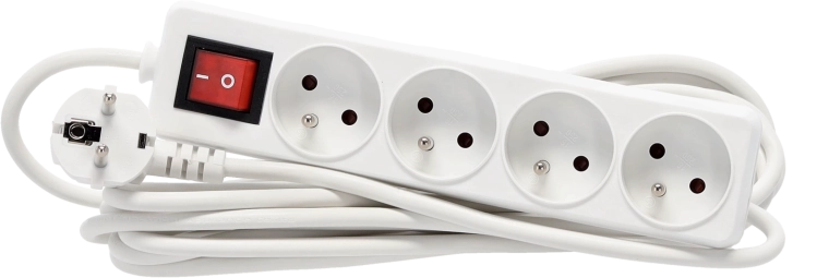 Regleta alargadora con protección contra sobretensiones y interruptor, 4 tomas, cable de 5 m, blanca