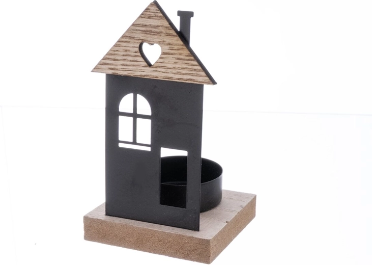 Portavelas en forma de casita de madera y metal negro