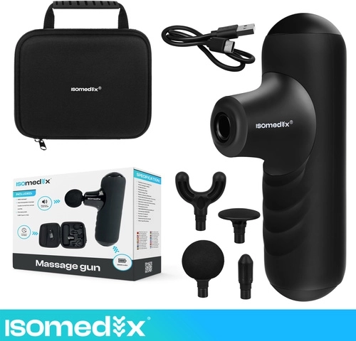 Pistola de masaje mini Isomedix con 5 modos, 4 cabezales y estuche