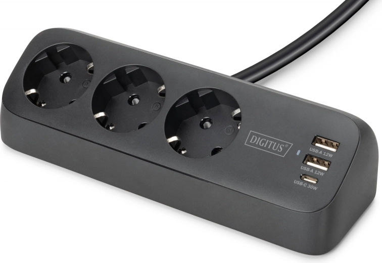 regleta de extensión de sobremesa con protección contra sobretensiones con 3 tomas Schuko y USB-A/USB-C con sujeción por abrazadera para escritorio, negra