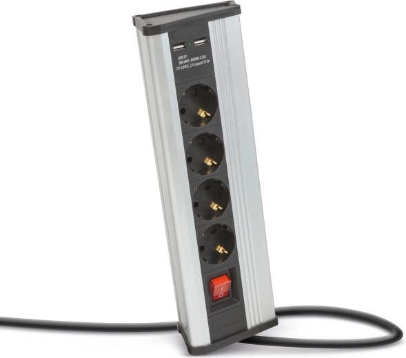 Regleta de enchufes angular con interruptor, 4 tomas y puertos USB