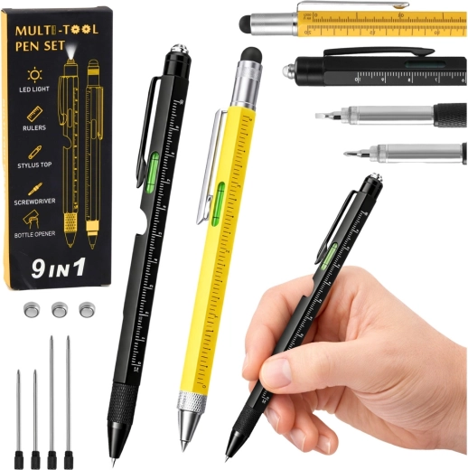 Juego de bolígrafos metálicos multifunción 9 en 1 con linterna LED, regla y destornillador – amarillo y negro, 2 uds.