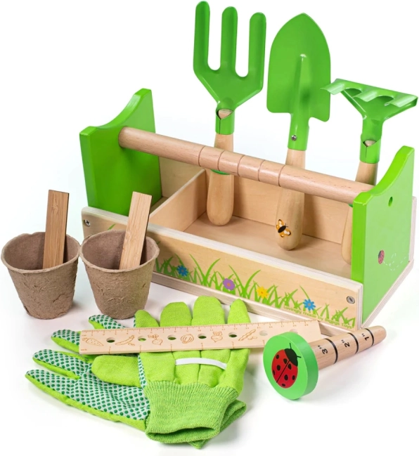 Bigjigs Toys set de jardinería en caja de transporte para niños