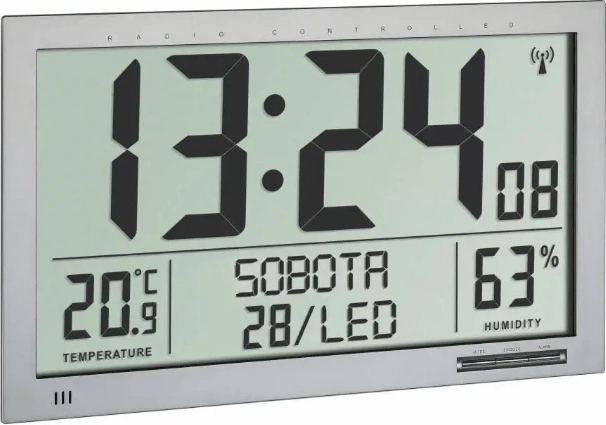 Reloj digital XL TFA radiocontrolado con termómetro e higrómetro, plateado