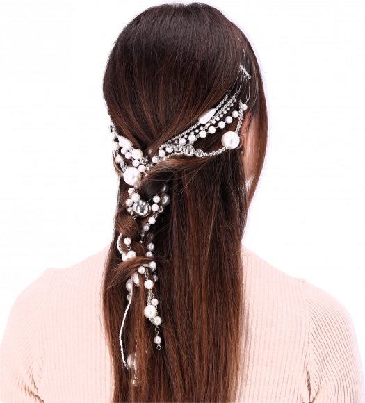 Diadema decorativa para el cabello con perlas plateadas en cadena