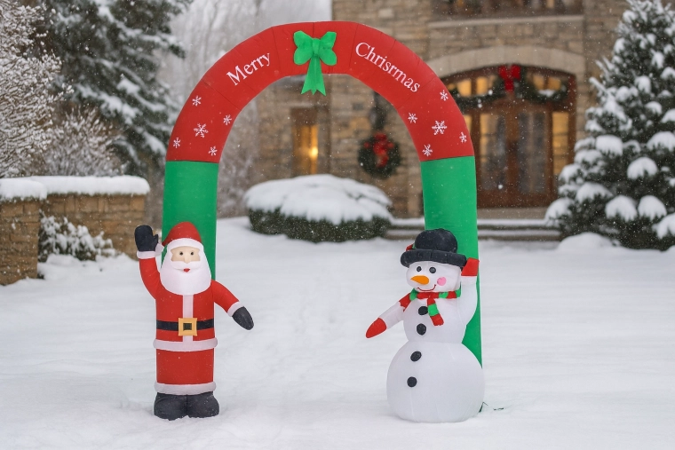 Arco navideño inflable con San Nicolás y muñeco de nieve LED 240 cm