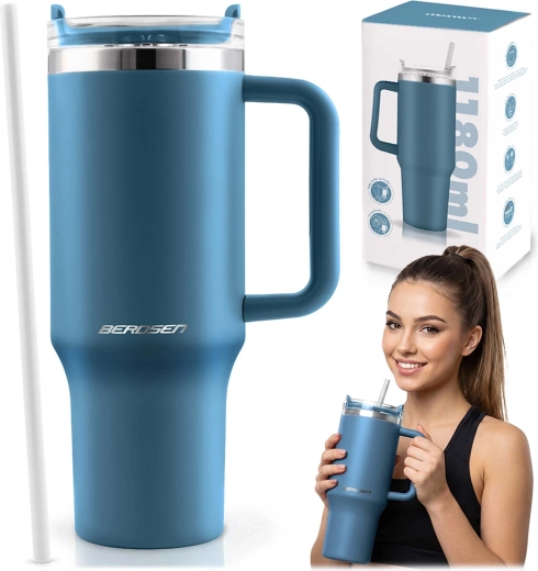 Termo vaso al vacío Berdsen con pajita 1180 ml azul marino