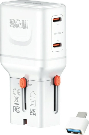 Cargador de viaje 4smarts World Travel Adapter Nomad Pocket GaN 65 W, USB‑C + USB‑A, blanco