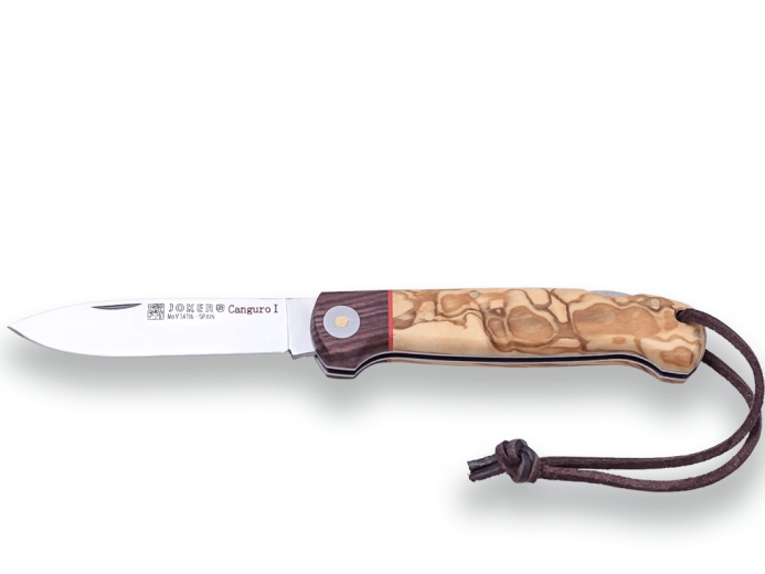 Joker Canguro cuchillo de caza de bolsillo 8,5 cm, madera de olivo y palisandro con cordón