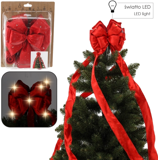 Lazo rojo satinado para la punta del árbol de Navidad con iluminación LED de 1,8 m