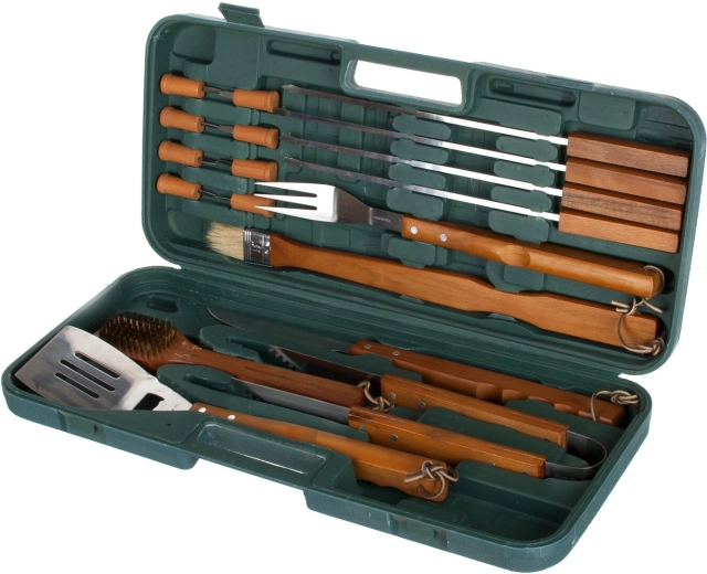 Juego de utensilios de barbacoa de acero inoxidable con mangos de madera, 18 piezas en maletín