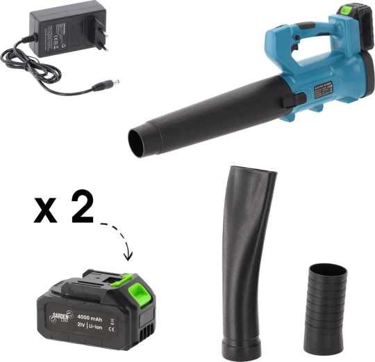 Soplador de jardín inalámbrico 21 V con 2× baterías de 4Ah y cargador