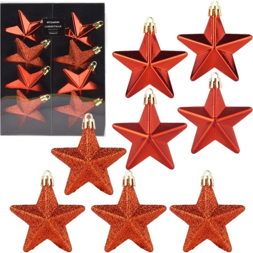 Adornos navideños irrompibles estrellitas rojas 6,5 cm, 8 uds.
