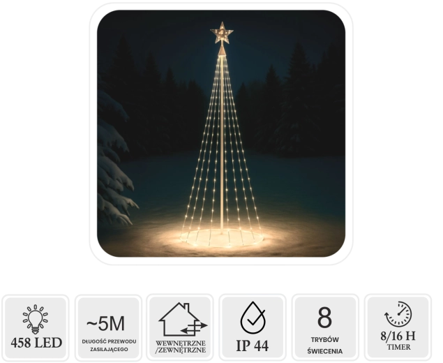 Árbol de Navidad LED cónico con estrella 3 m, 458 LED, blanco cálido, interior/exterior