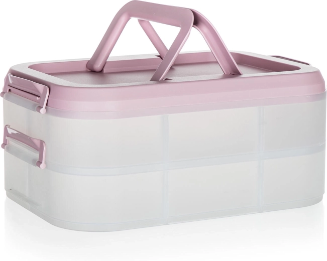 Caja para fiesta de plástico con dos niveles y asas 40 × 28 × 17,8 cm, transparente/rosa