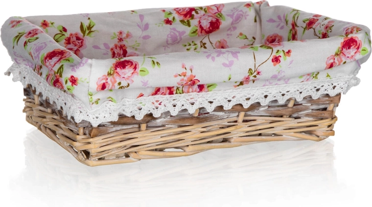 Cesta de mimbre Roses rectangular 21 × 16 × 6,5 cm con forro de algodón