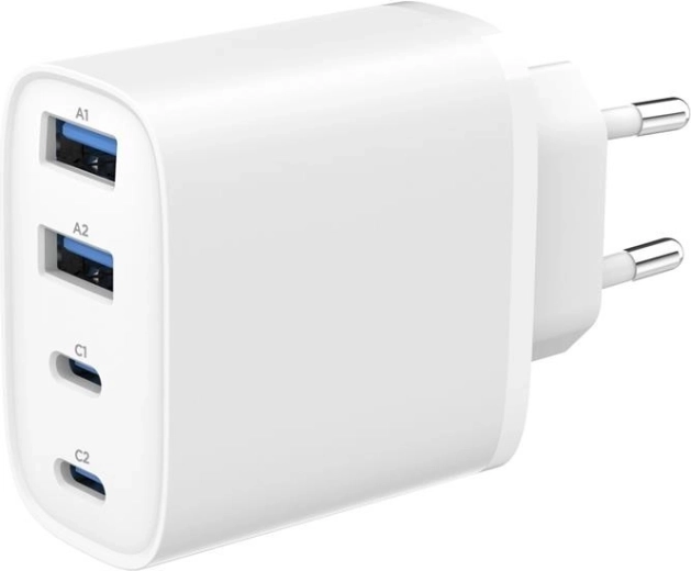 Cargador universal GaN Gembird 40 W con LCD, 3× USB-C + 1× USB-A, blanco