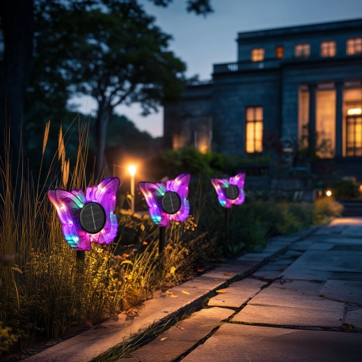 Luz solar de jardín con estaca en forma de mariposa morada y LED de colores