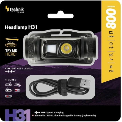 Technik MT-H31 linterna frontal con LED OSRAM P9, luz roja y USB-C (800 lm)