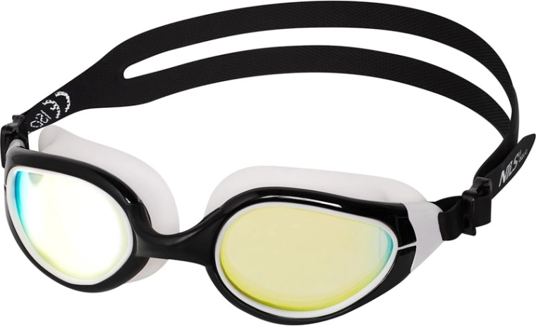 Gafas de natación NILS Aqua en blanco y negro con lentes de espejo y Anti‑Fog