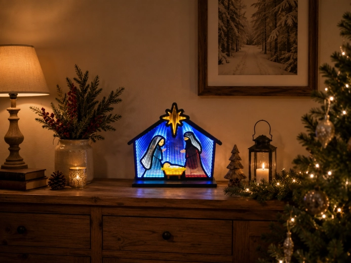 Decoración navideña 3D Belén con efecto espejo infinito LED 33,5 × 8 × 28,7 cm