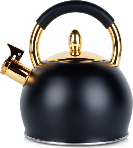 Hervidor de acero inoxidable Vilde con silbato, negro con detalles dorados, 3 l