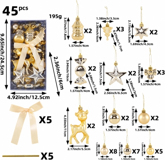 Adornos navideños brillantes e irrompibles para el árbol, set de 45 piezas