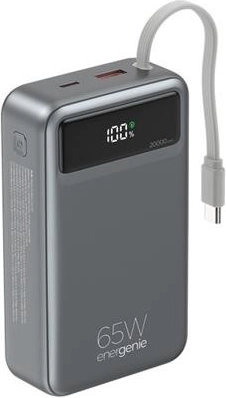 Powerbank de 20 000 mAh con cable integrado, PD 65 W y pantalla LCD, negra