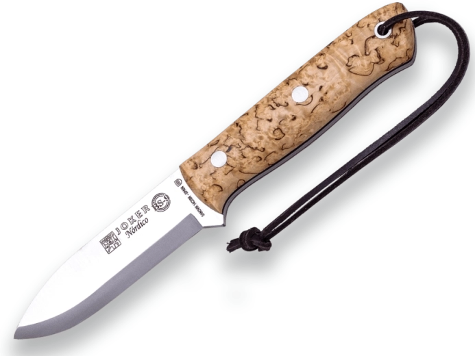 Cuchillo de exterior Joker Nórdico 10 cm de abedul rizado con funda de cuero