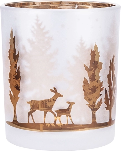 Portavelas de vidrio escarchado con interior marrón dorado 7 × 8 cm, decoración bosque