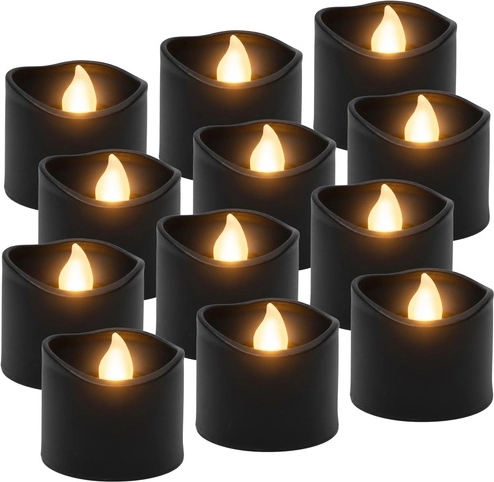 Velas de té LED Ruhhy negras 3,6 cm, 12 uds., efecto de llama