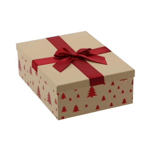 Caja de regalo navideña marrón con lazo burdeos 28,5 × 20 × 8,5 cm