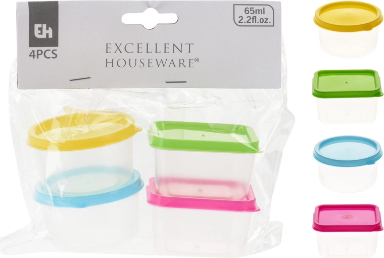 Mini recipientes 65 ml – set de 4 uds, redondos y cuadrados, mix de colores
