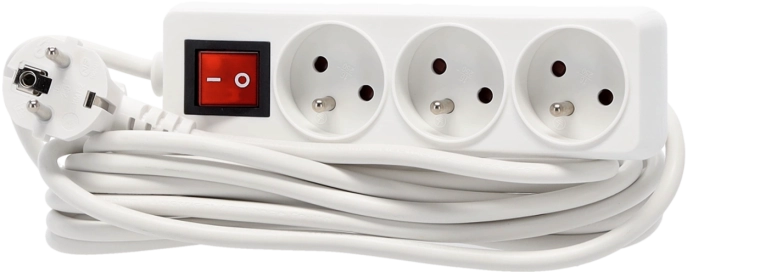 Regleta alargadora con interruptor, 3 tomas, 5 m, blanca