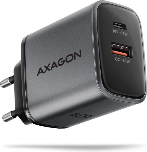 Cargador de red AXAGON GaN 67W con USB‑C Power Delivery y USB‑A Quick Charge, 2 puertos
