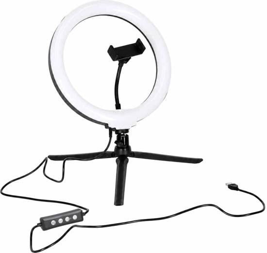 Lámpara selfie circular LED RGB en trípode con soporte para teléfono y mando Bluetooth