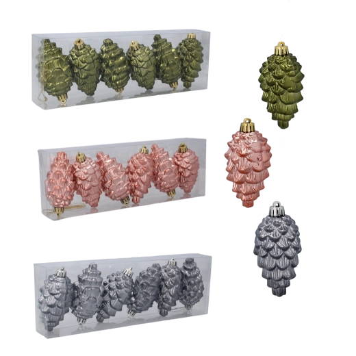 Juego de adornos navideños en forma de piñas 9 cm – oliva, cobre y grafito (6 uds)