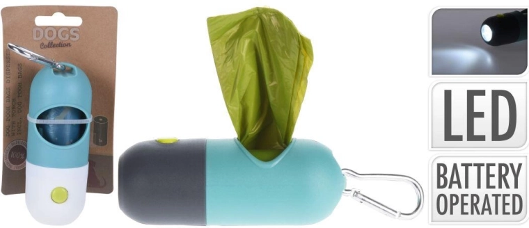 Dispensador de bolsas para perros con luz LED y mosquetón