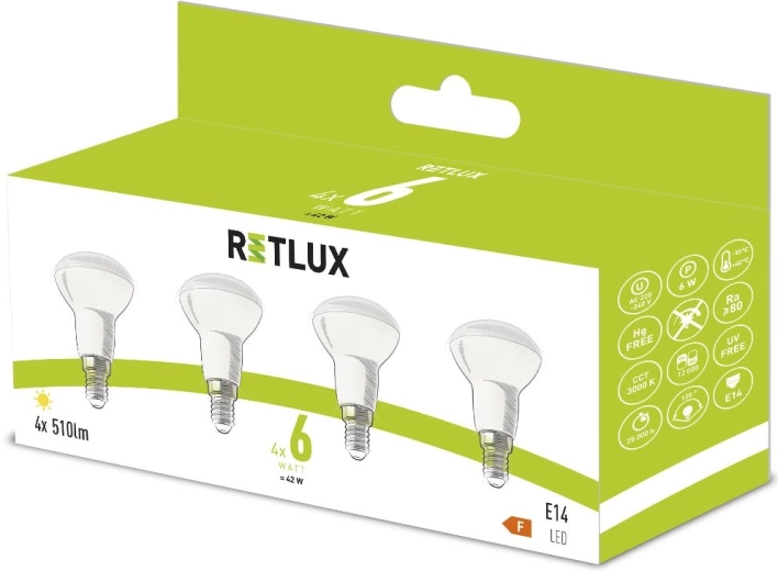 Bombilla LED Retlux R50 E14 6 W luz blanca cálida - 4 unidades