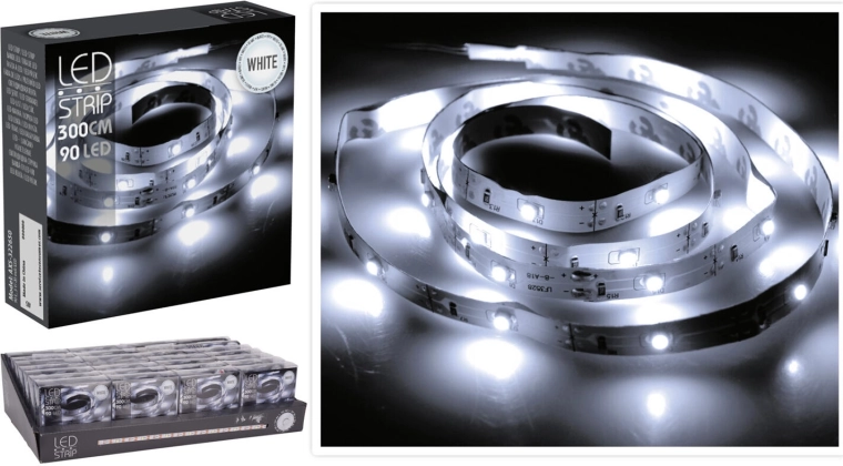 Tira LED de 3 m con blanco frío, 90 LED a pilas