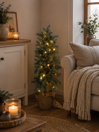Árbol de Navidad artificial de 85 cm en maceta con efecto nevado e iluminación LED - 1 pieza