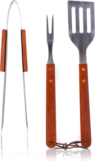 Juego de utensilios de barbacoa de acero inoxidable con mangos de madera, 3 piezas