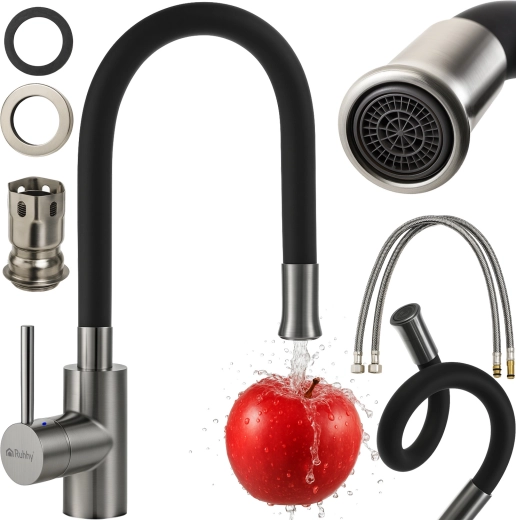 Grifo de fregadero de cocina Ruhhy con brazo flexible 360° (negro/plata)