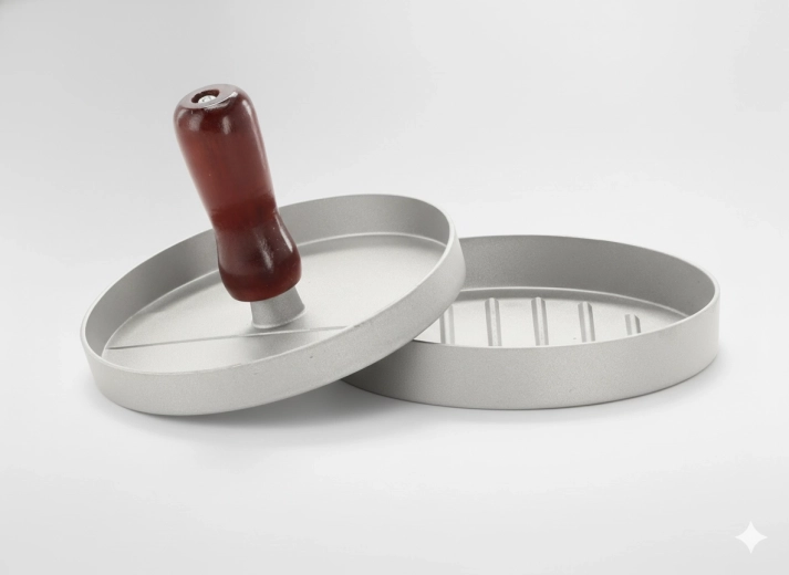 Prensa para hamburguesas con mango de madera 11,8 × 2 × 7,2 cm